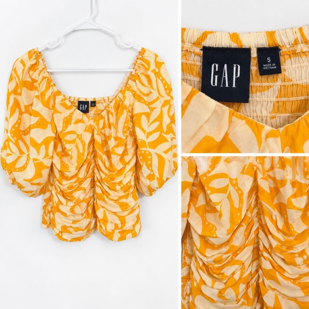 GAP Yellow & Cream Ruched Puff-Sleeve Top Size S